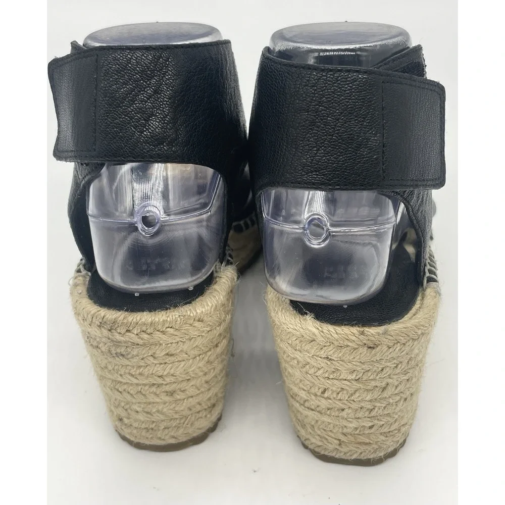 Eileen Fisher Willow Wedge Leather Espadrilles 6.5 Black Minimalist Shoes New
